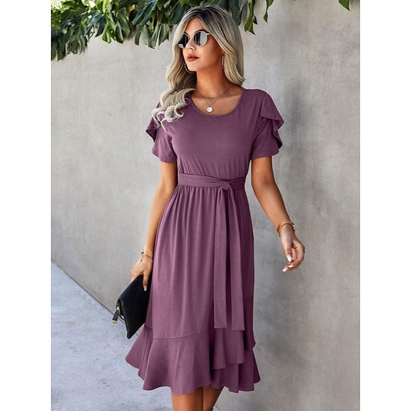 💜 BOHO PURPLE RUFFLE BELTED MIDI DRESS! - Picture 5 of 6